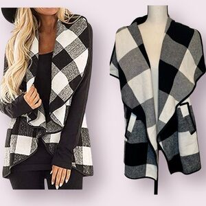 Yucan Vest Open Front Buffalo Check Sleeveless Cardigan Black White Plaid Large